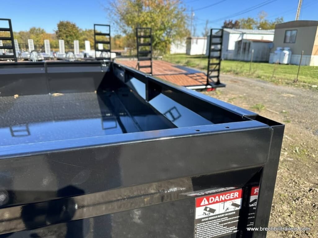 Close detail of a heavy duty dump trailer body and welded frame